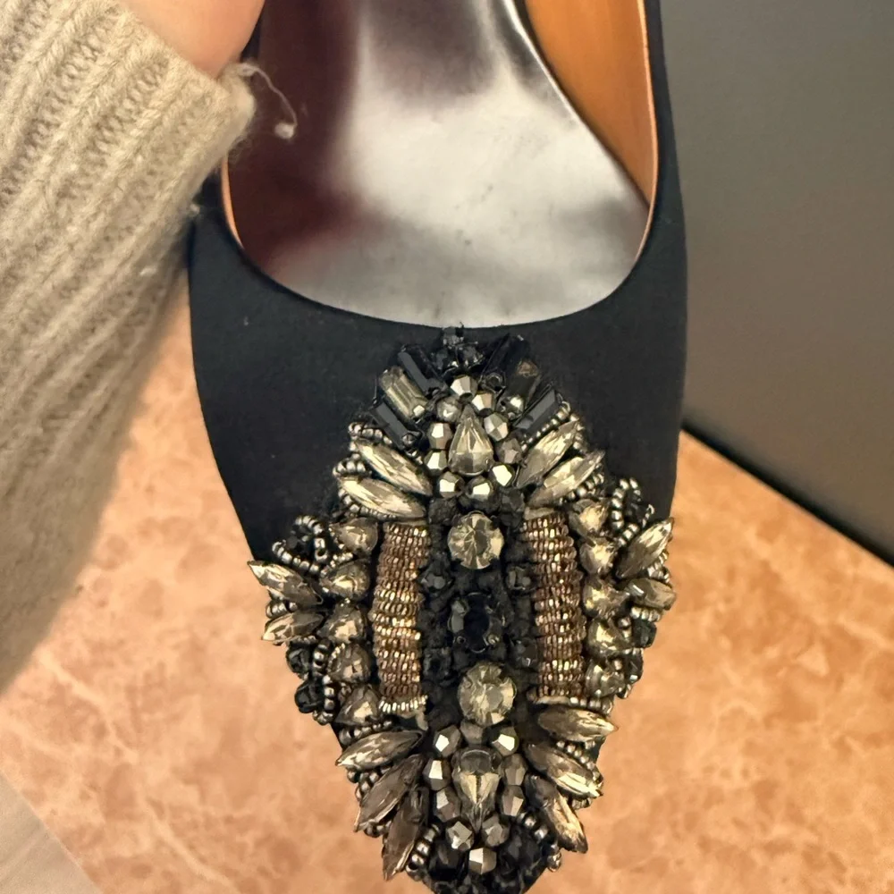 Badgley Mischka Black Satin Embellished Heels - Picture 6 of 11